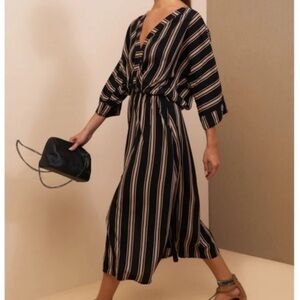 Kaftan Sexy V Neck Striped Midi Dress EUC